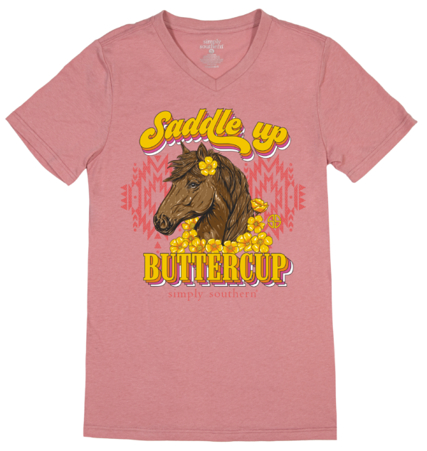 SALE Simply Southern Saddle Up Buttercup V-Neck Collection T-Shirt - Image 2