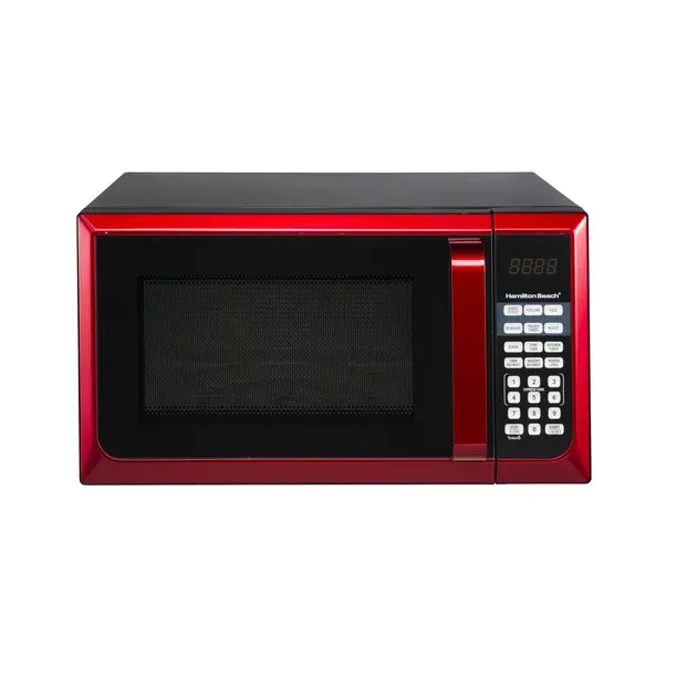 Hamilton Beach 0.9 Cu. Ft. Red Stainless Steel Microwave Oven, 900W, LED Display, Compact Countertop Kitchen Appliance