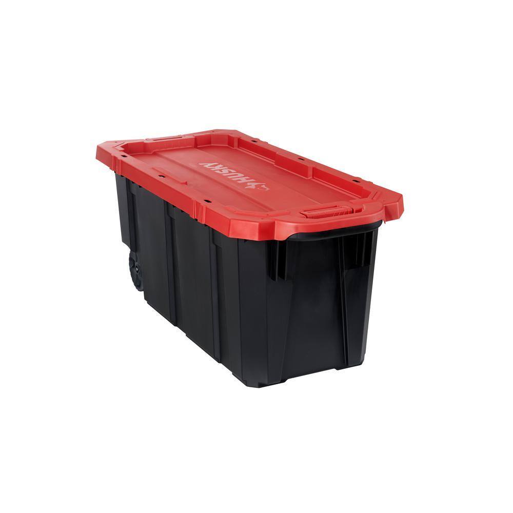 Husky 45 Gal Heavy Duty Stackable Storage Tote with Wheels, Black/Red Lid, Lockable, Industrial Strength